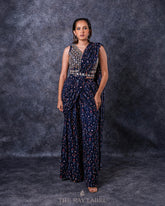Navy Blue Floral Pre-Draped Saree Set
