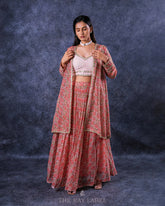 Peach Block Printed Lehenga & Jacket Set