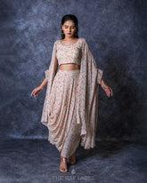 White Floral Pre Draped Skirt Set