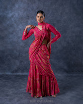 Printed Fuchsia Pink Pre Draped Saree Set