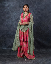 Floral Pink And Striped Green Sharara Set