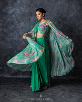 Floral Jade Green Pre Draped Skirt & Jacket