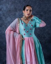 Pink & skyblue chanderi silk anarkali