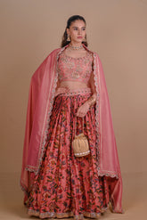 Peach Jaipuri block printed chanderi silk lehenga-4