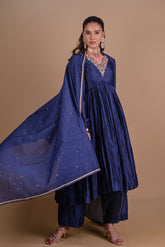 Midnight Blue chanderi silk Anarkali & pants set-3