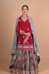 Maroon silk top & Powder blue blockprinted chanderi skirt set-3