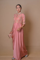 Peach Pre-draped Gown &Embellished Jacket set-3