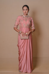 Peach pre draped jacket & gown set