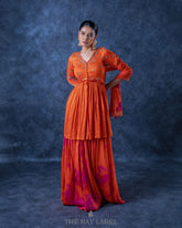 Orange-Pink peplum & silk skirt set- 3