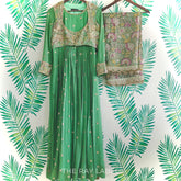 Jaipuri block print Green Anarkali & silk jacket set-3
