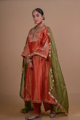 Rust brown tissue silk kurta set