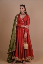 Maroon Angrakha style Anarkali Set