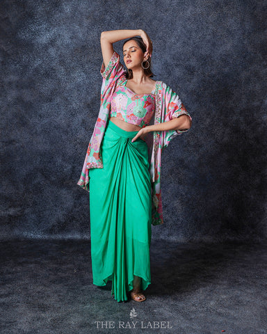 Floral Green Pre Draped Skirt Set