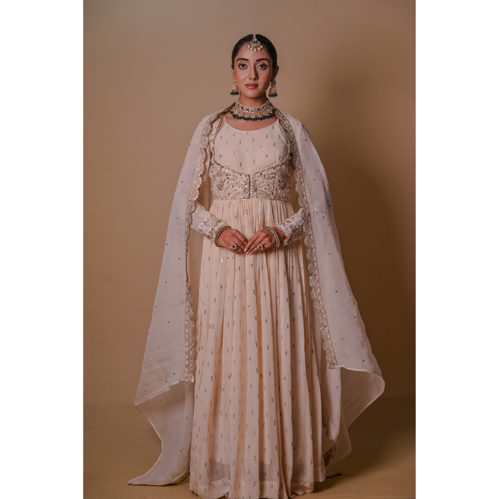 Ivory white Anarkali & Jacket set