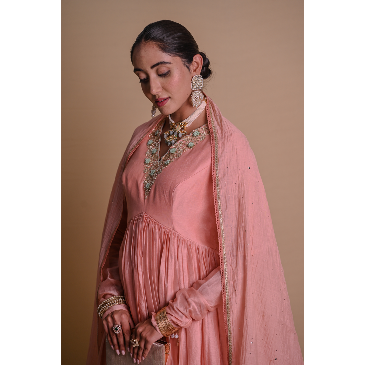 Peach Chanderi Anarkali
