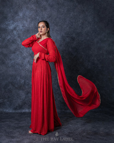 Red Pre Drape Pant Set