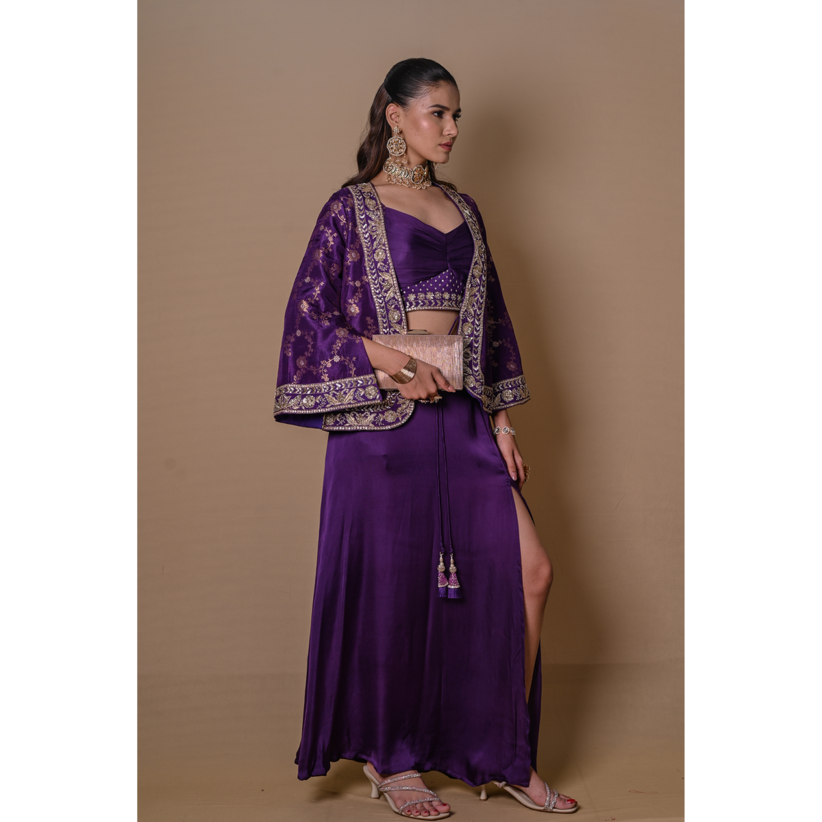 Purple bell sleeves jacket & skirt set