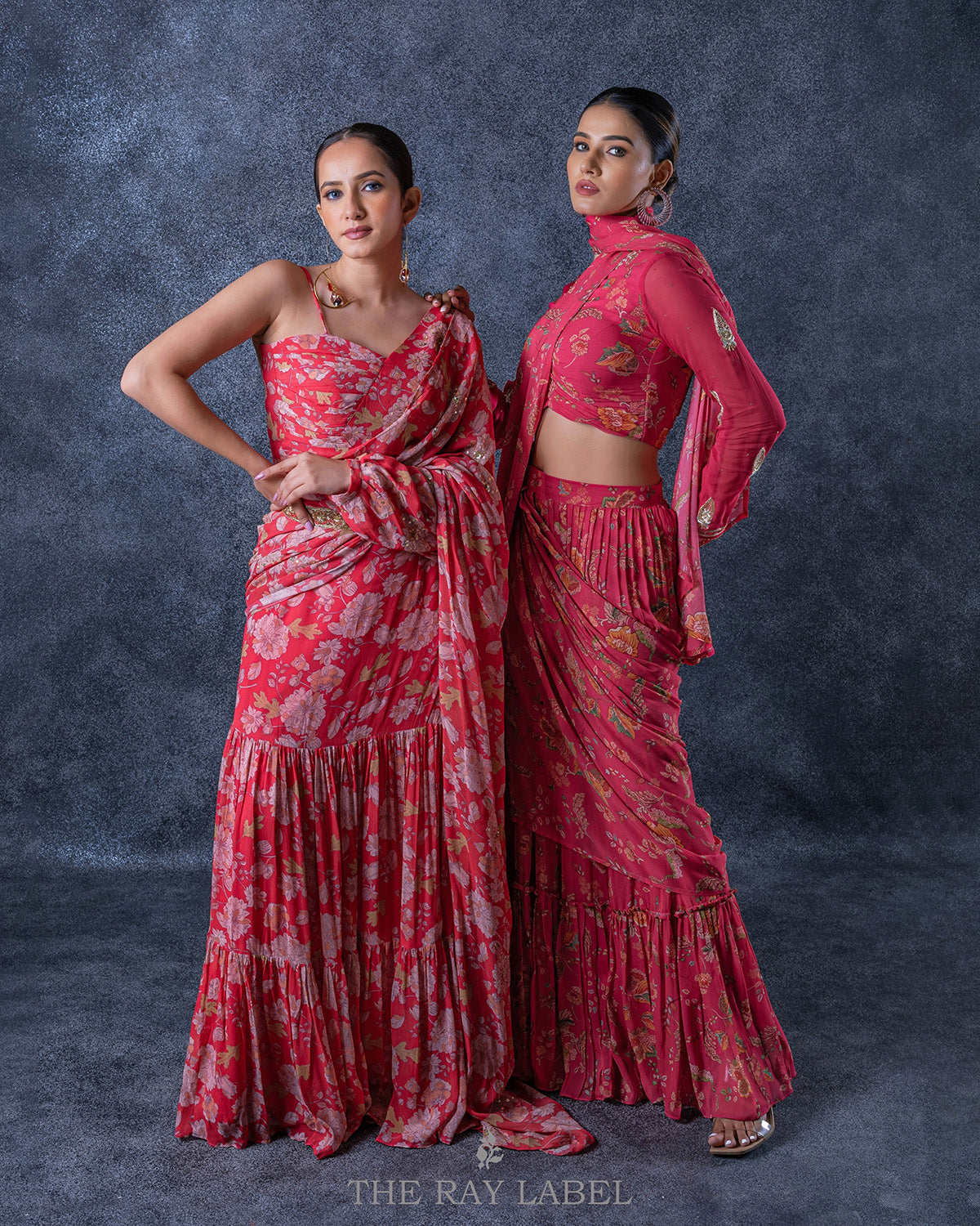 Crimson Red Pre Draped Saree Set