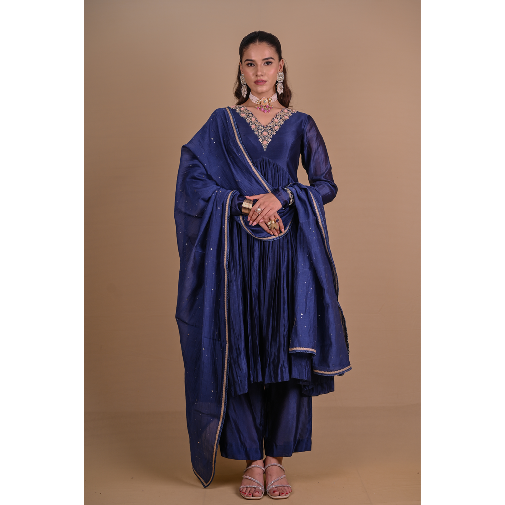 Navy Blue Chanderi Anarkali