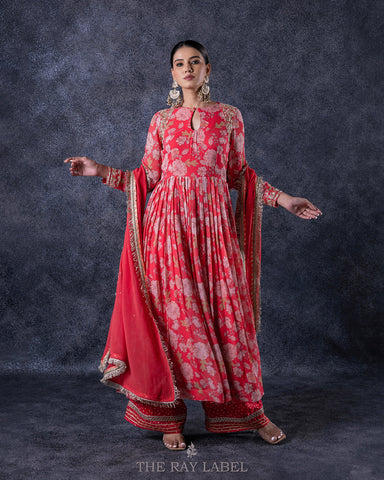 Red Floral Anarkali Set