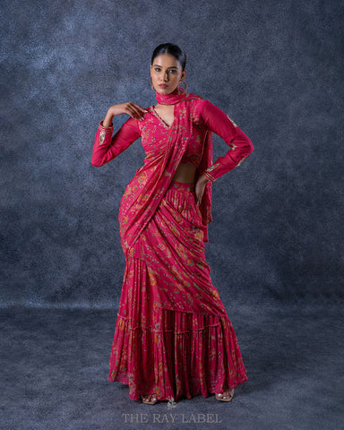 Printed Fuchsia Pink Pre Draped Saree Set