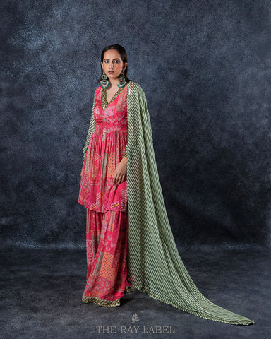 Floral Pink And Striped Green Sharara Set