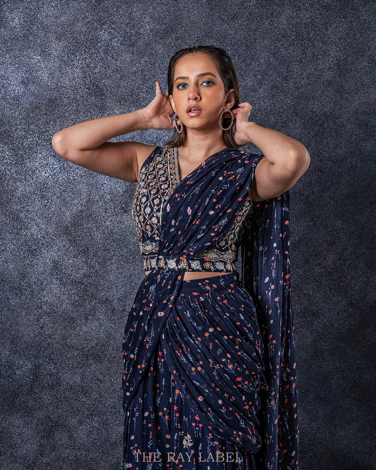 Floral Navy Blue Pre-Draped Saree Set