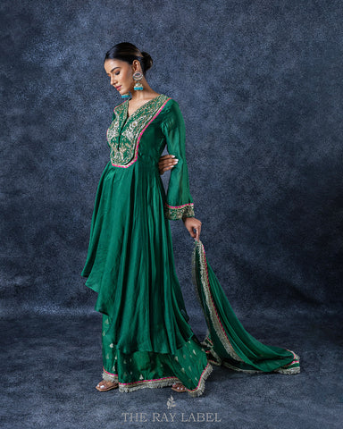 Emerald Green Asymmetrical Sharara Set