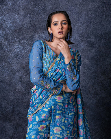 Cerulean Blue Pre-Draped Saree set