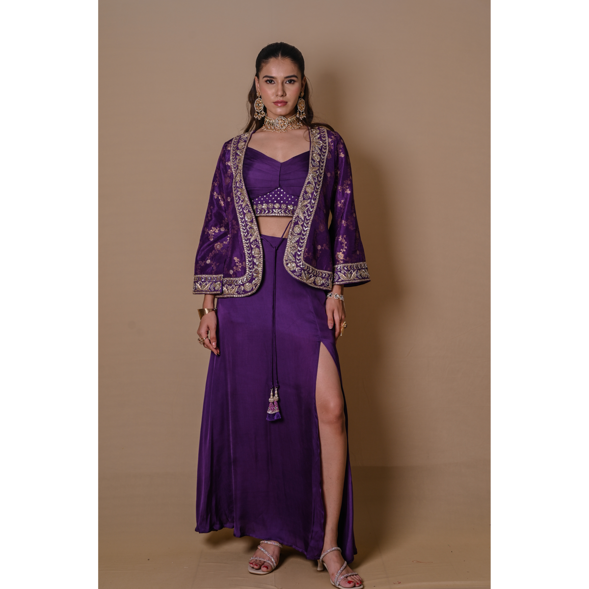 Purple bell sleeves jacket & skirt set
