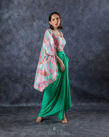 Floral Green Pre Draped Skirt Set