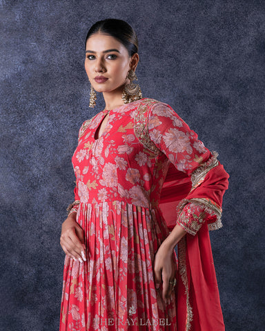 Red Floral Anarkali Set