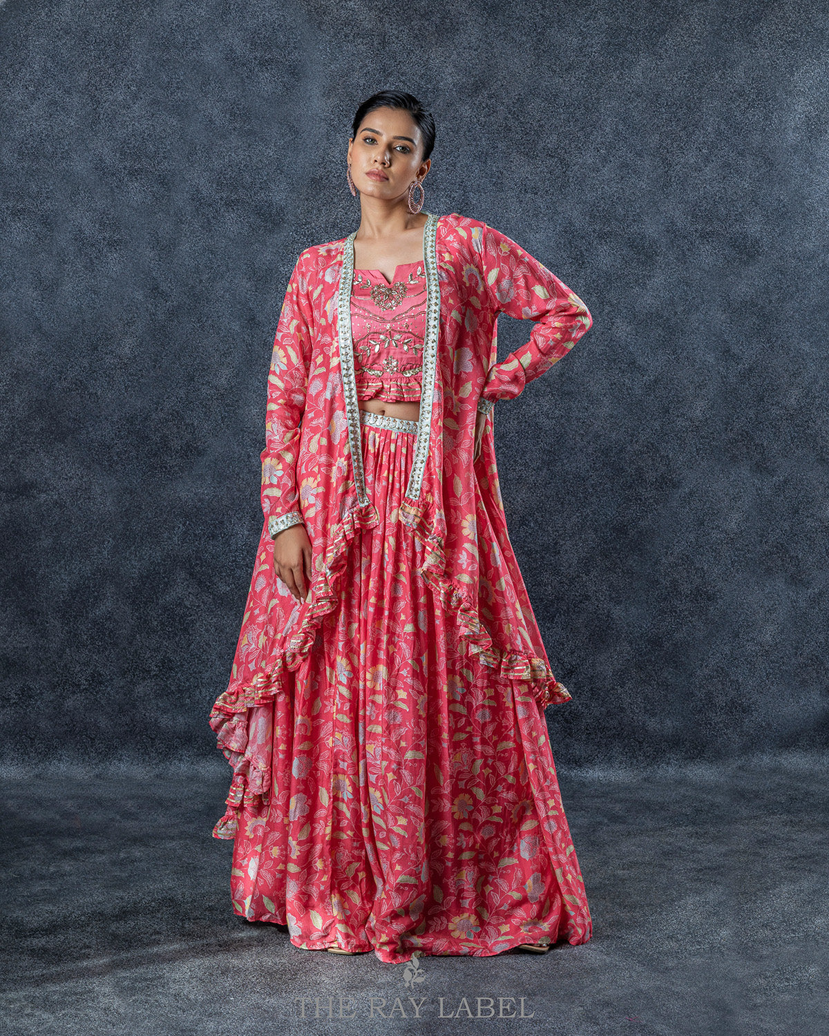 Pink Floral Lehenga And Jacket Set