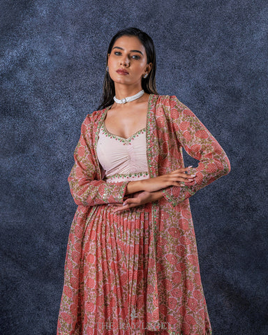 Peach Block Printed Lehenga & Jacket Set
