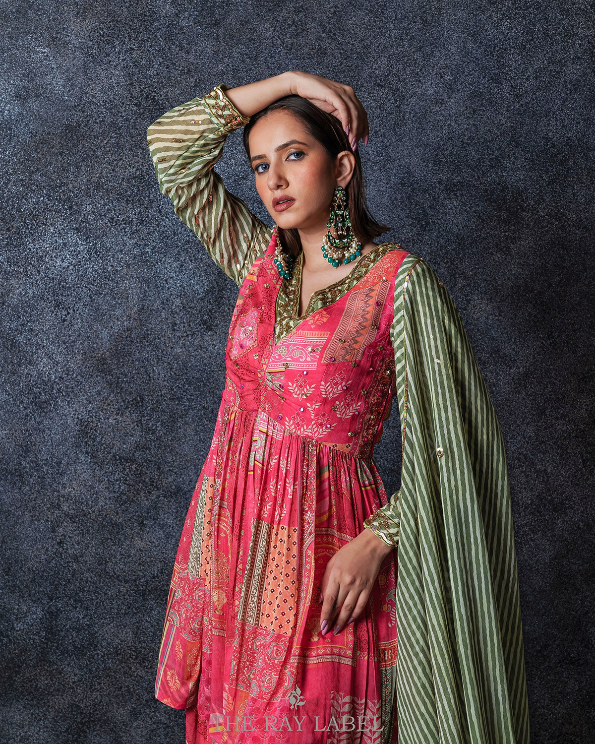 Floral Pink And Striped Green Sharara Set