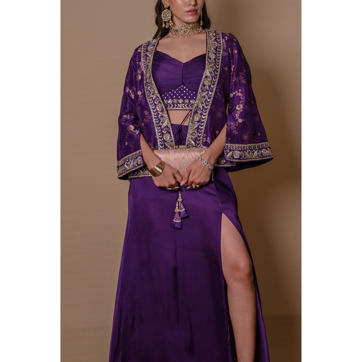 Purple bell sleeves jacket & skirt set