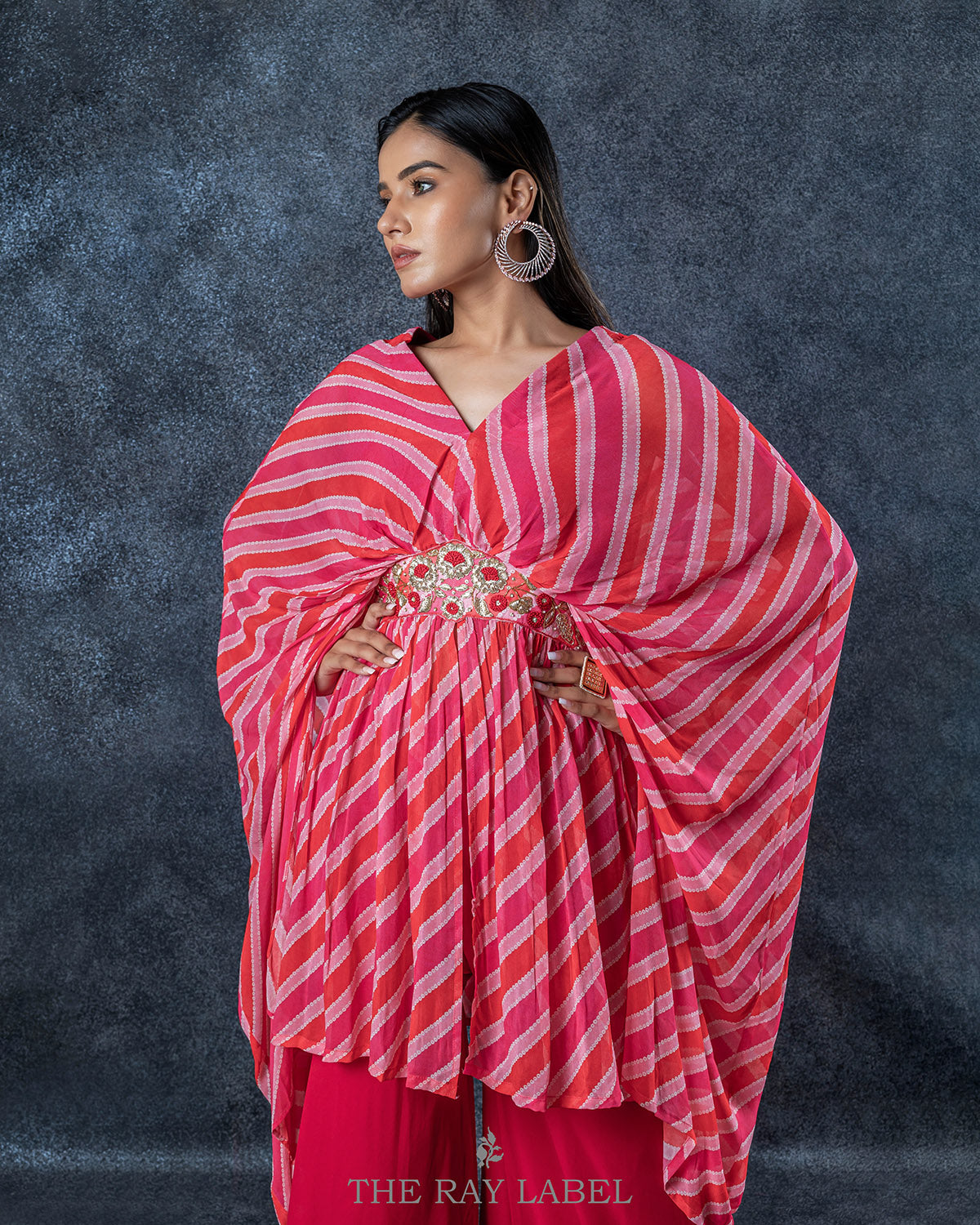 Red Stripes Draped Cape And Sharara Set