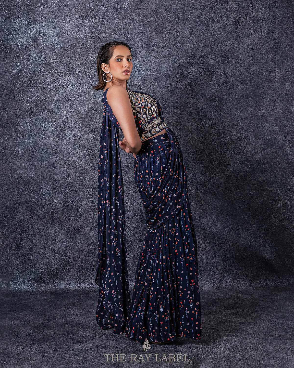 Floral Navy Blue Pre-Draped Saree Set