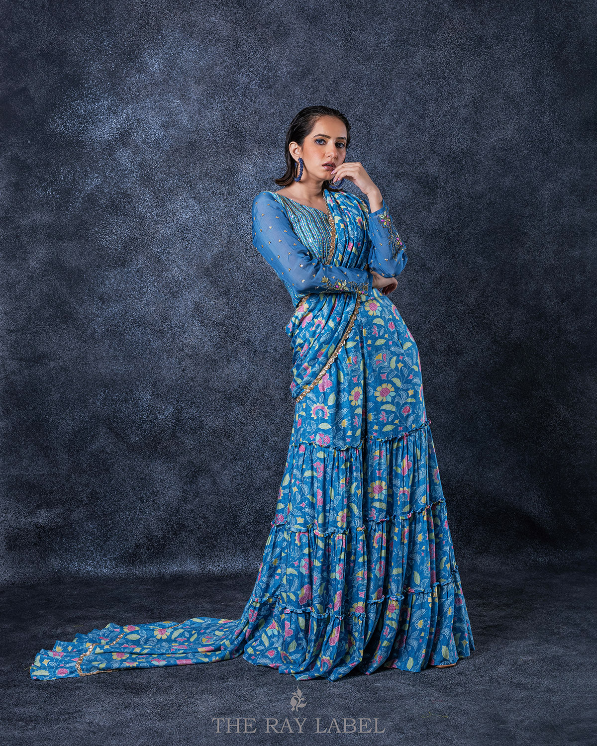 Cerulean Blue Pre-Draped Saree set