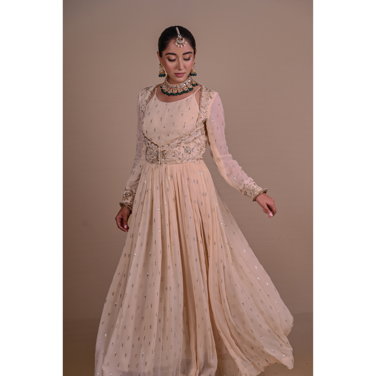 Ivory white Anarkali & Jacket set