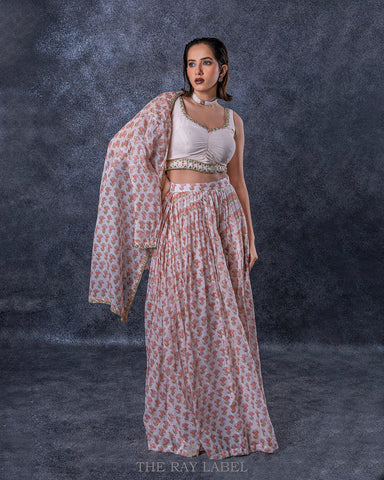 Off White Block Printed Lehenga Set
