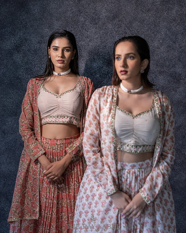 Peach Block Printed Lehenga & Jacket Set