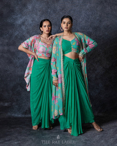 Floral Jade Green Pre Draped Skirt & Jacket