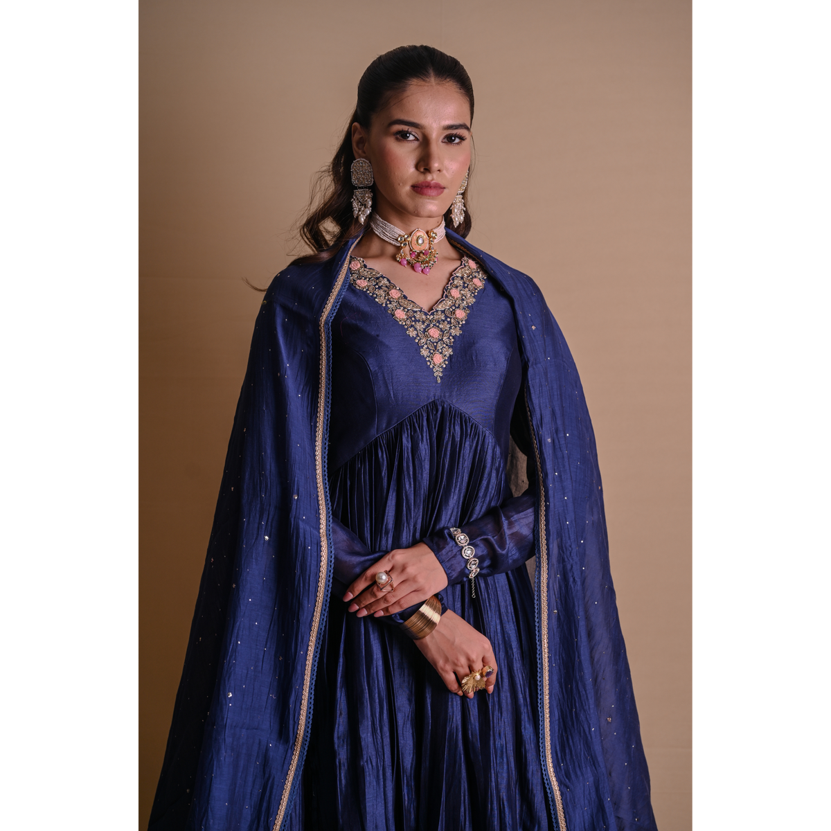 Navy Blue Chanderi Anarkali
