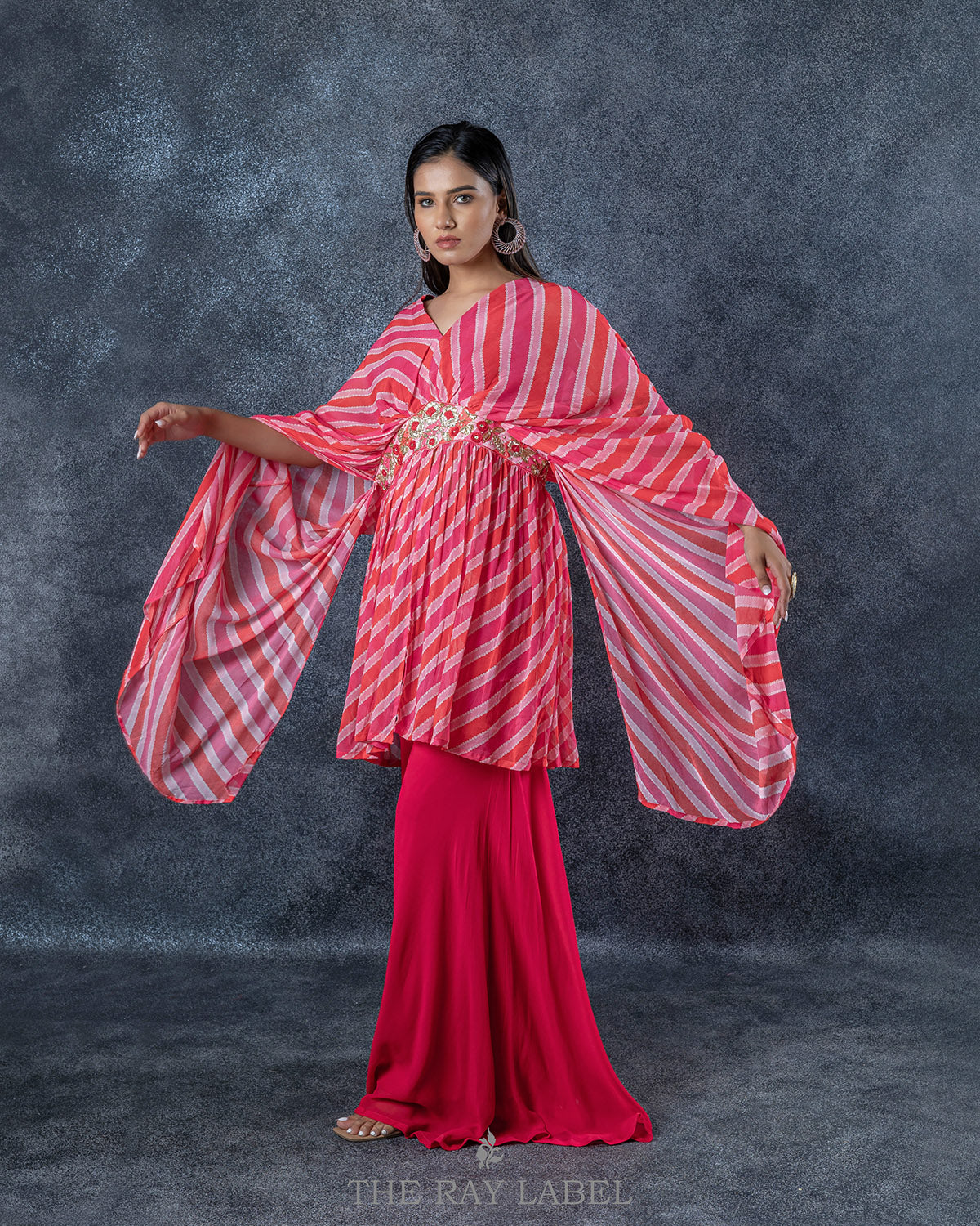 Red Stripes Draped Cape And Sharara Set