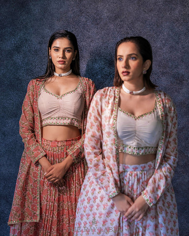 Peach Block Printed Lehenga & Jacket Set