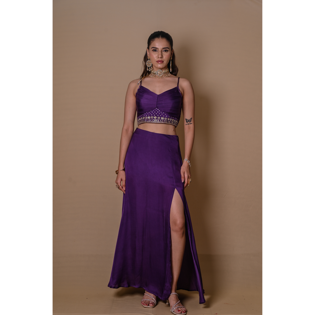 Purple bell sleeves jacket & skirt set