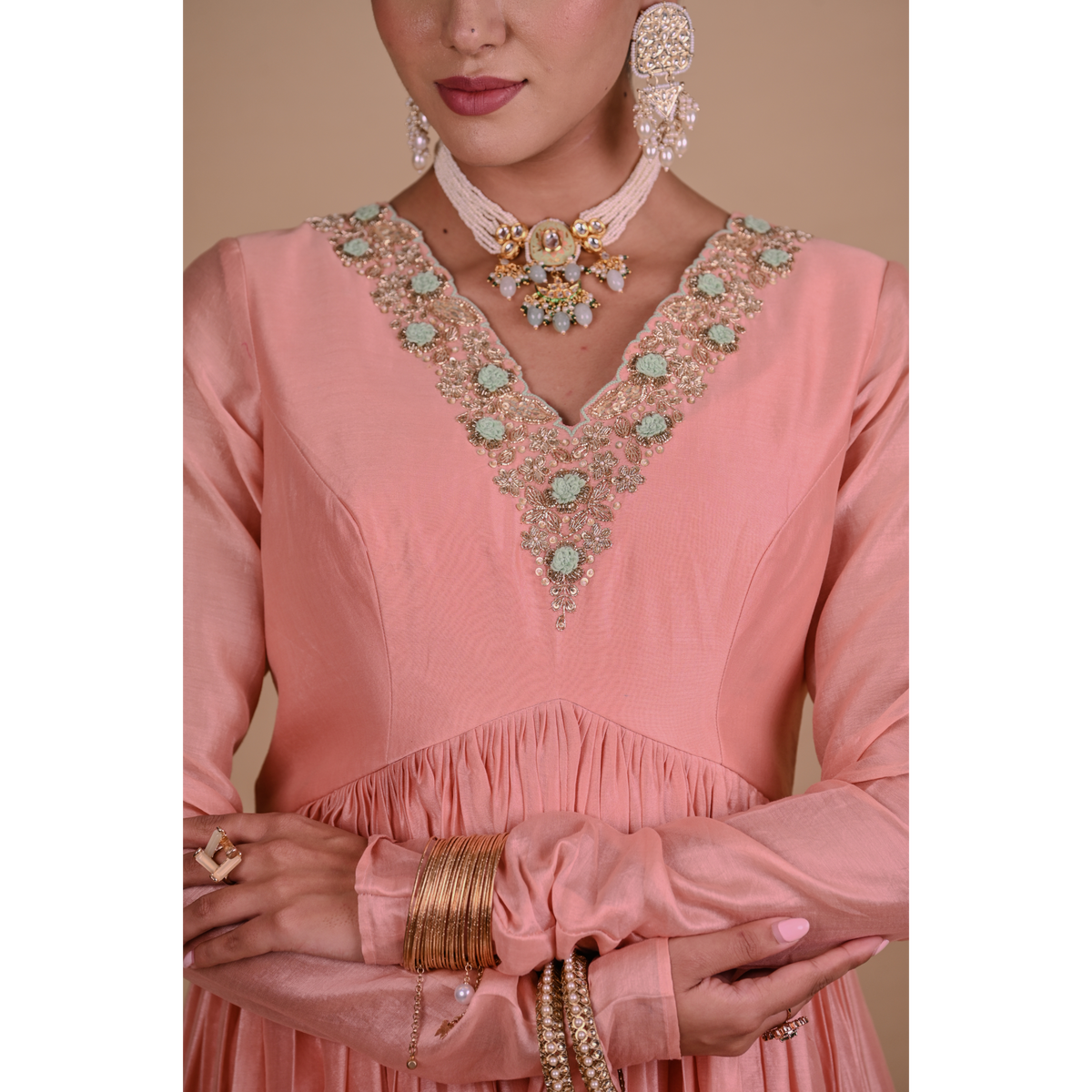 Peach Chanderi Anarkali