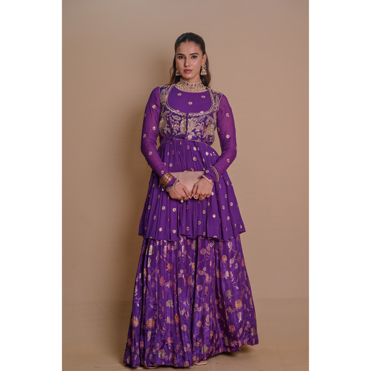 Purple floral lehenga & jacket set