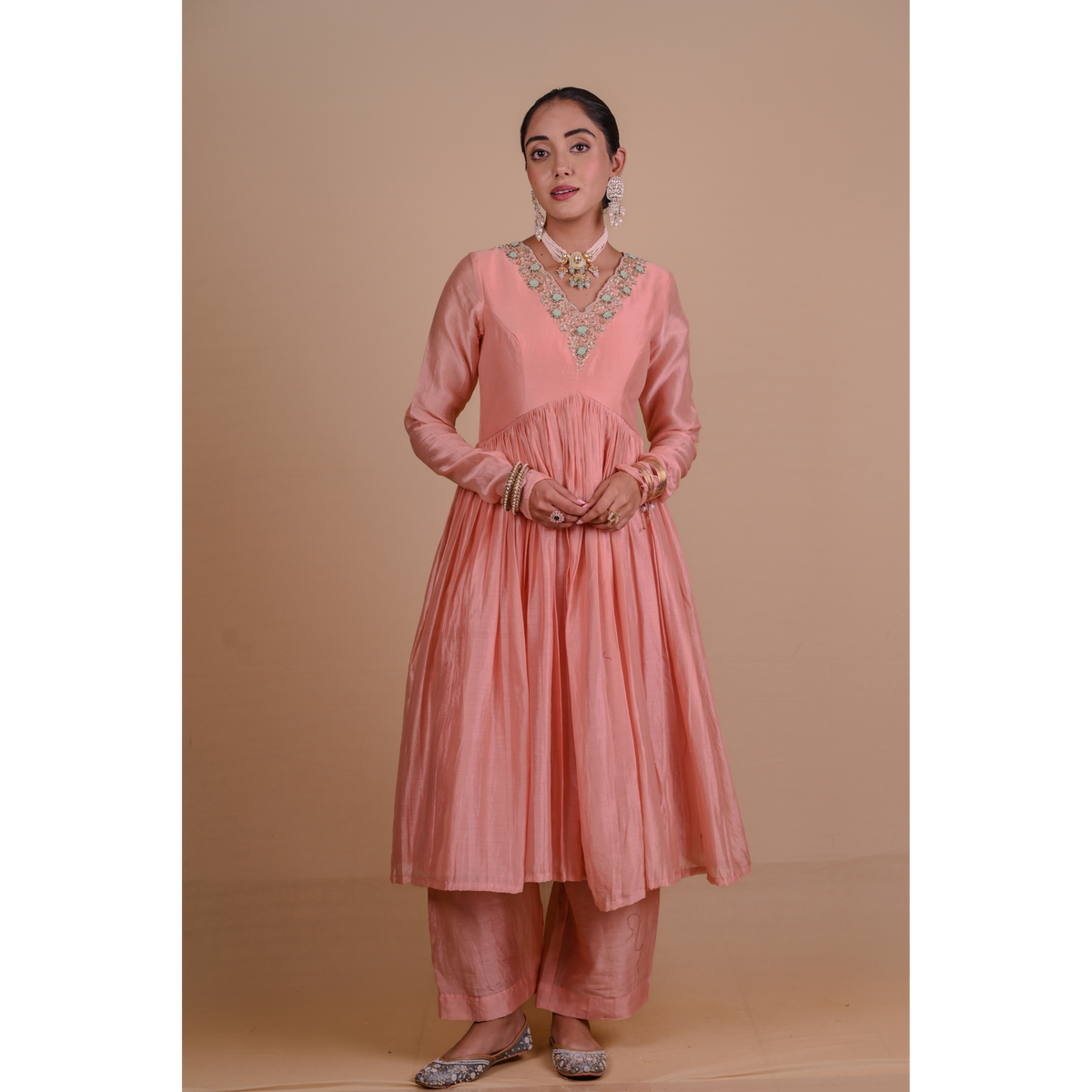 Peach Chanderi Anarkali